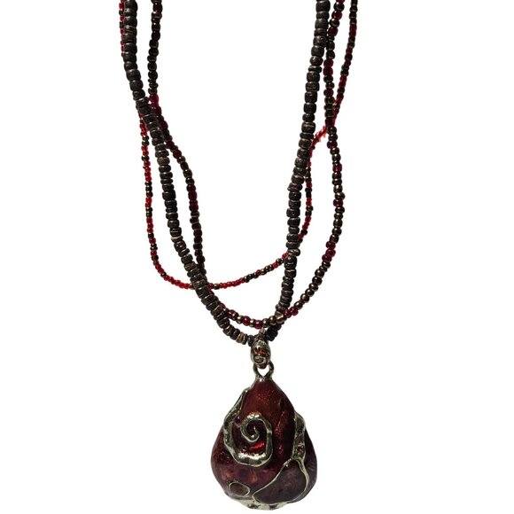 Boho Red Brown Beaded Necklace Teardrop Pendant Gold Tone Swirl Embedded Gems - Picture 2 of 9